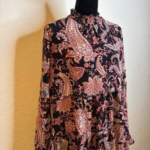 By Anthropologie Dress Paisley Babydoll Mini Black Rust Medium Mock Neck Womens